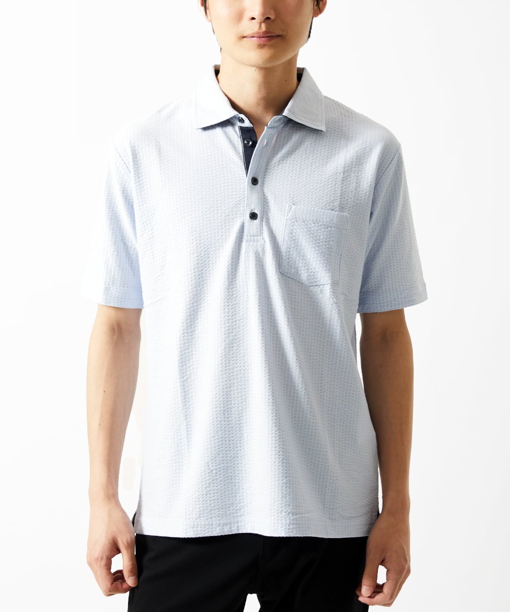 MKKGC32090 MK MICHEL KLEIN HOMME(MKミッシェルクランオム) ポロシャツ / ストライプサッカー ライトブルー