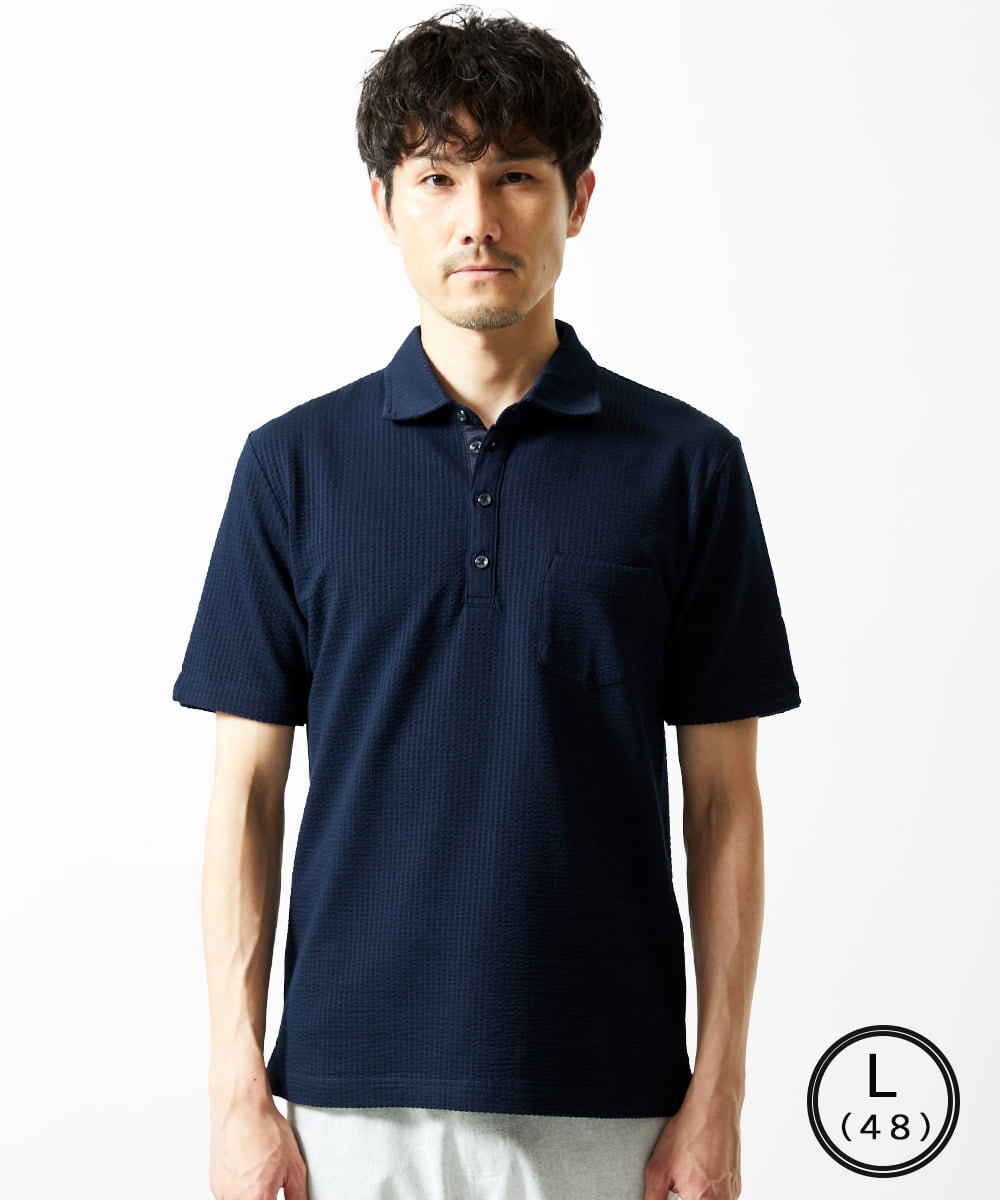 MKKGC32090 MK MICHEL KLEIN HOMME(MKミッシェルクランオム) 【洗える】ストライプサッカーポロシャツ  ネイビー