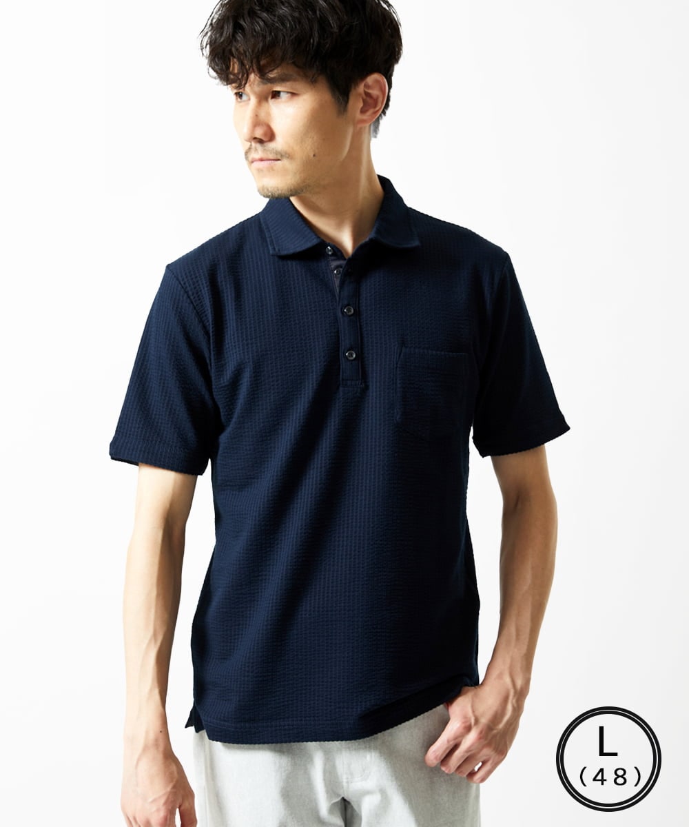 MKKGC32090 MK MICHEL KLEIN HOMME(MKミッシェルクランオム) 【洗える】ストライプサッカーポロシャツ  ネイビー