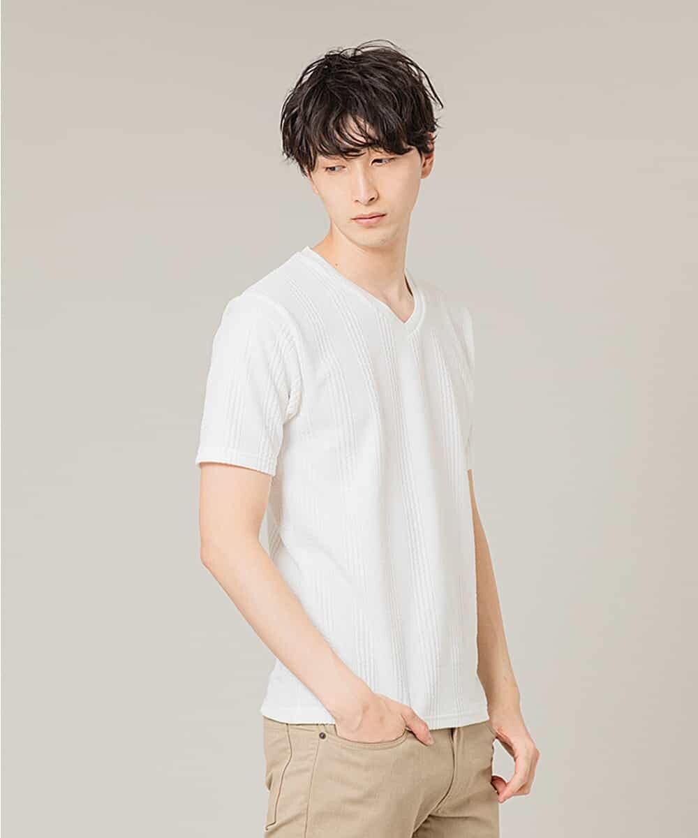 MKKGJ61059 MK MICHEL KLEIN HOMME(MKミッシェルクランオム) カットソー／フクレランダムストライプ ホワイト