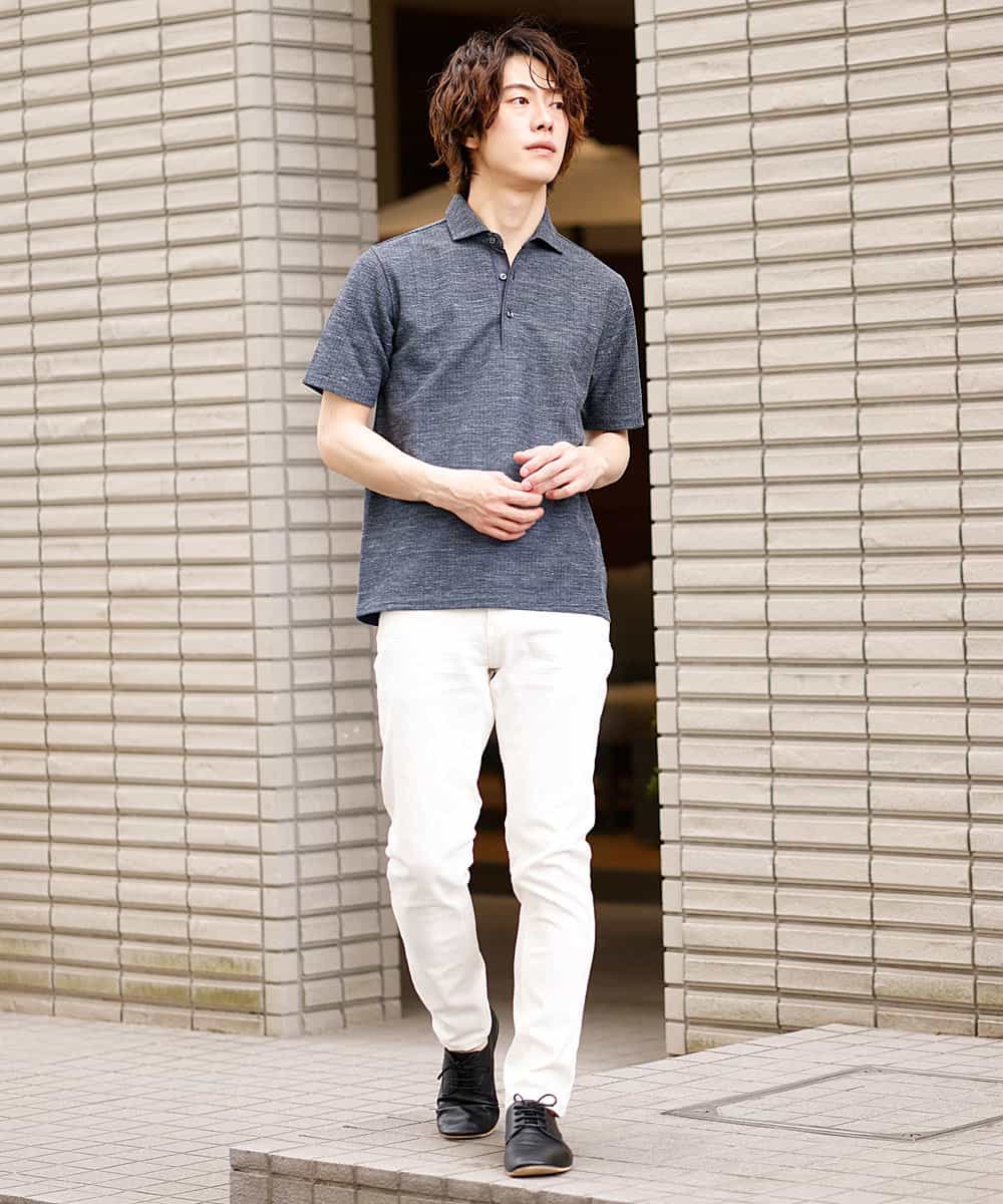 MKKGM53089 MK MICHEL KLEIN HOMME(MKミッシェルクランオム) 【涼しい/洗える】大きいサイズあり　リネンミックスストレッチポロシャツ ネイビー