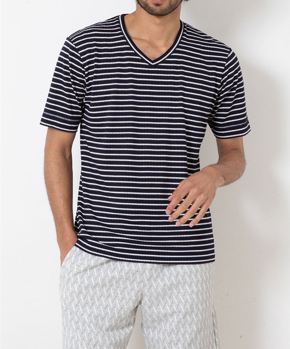 MKKGR15059 MK MICHEL KLEIN HOMME(MKミッシェルクランオム) ＶネックボーダーＴシャツ ネイビー