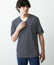 MKKGR15059 MK MICHEL KLEIN HOMME(MKミッシェルクランオム) ＶネックボーダーＴシャツ ネイビー