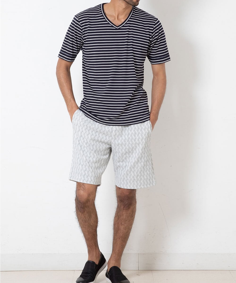 MKKGR15059 MK MICHEL KLEIN HOMME(MKミッシェルクランオム) ＶネックボーダーＴシャツ ネイビー