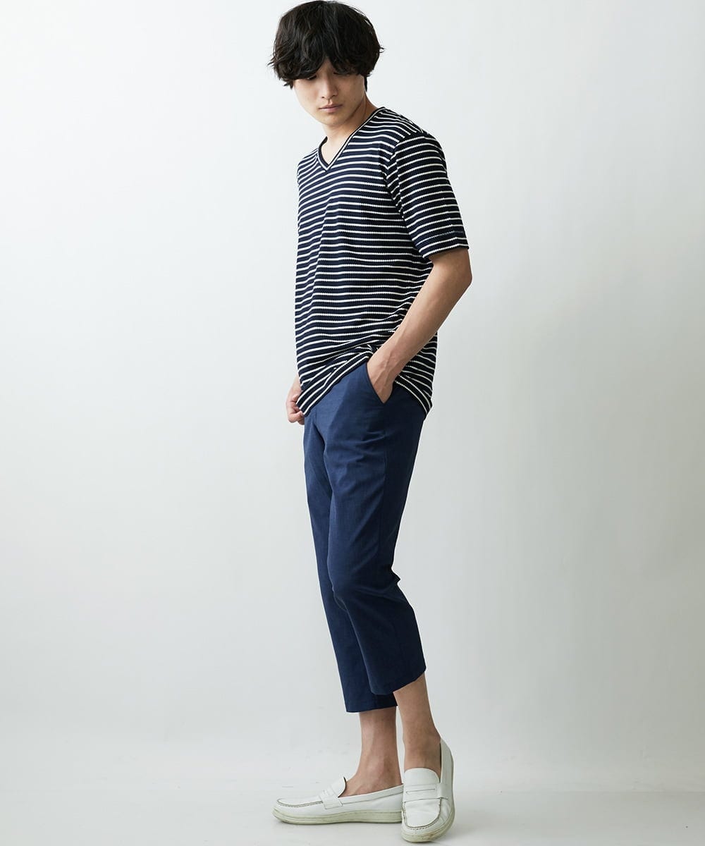 MKKGR15059 MK MICHEL KLEIN HOMME(MKミッシェルクランオム) ＶネックボーダーＴシャツ ネイビー