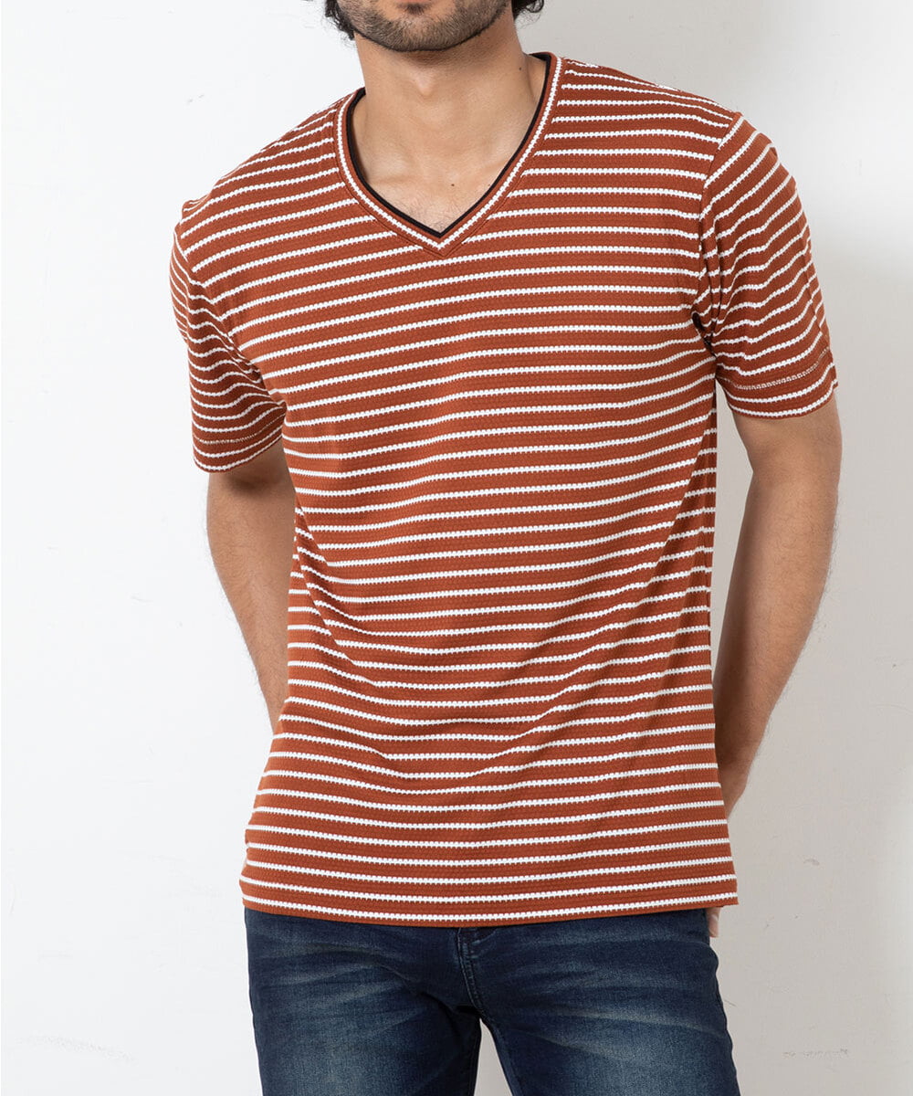 MKKGR15059 MK MICHEL KLEIN HOMME(MKミッシェルクランオム) ＶネックボーダーＴシャツ ベージュ