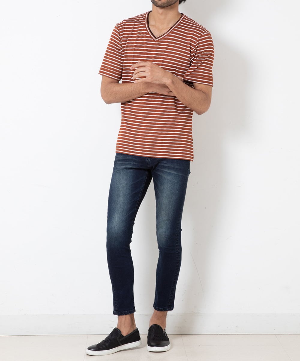 MKKGR15059 MK MICHEL KLEIN HOMME(MKミッシェルクランオム) ＶネックボーダーＴシャツ ベージュ