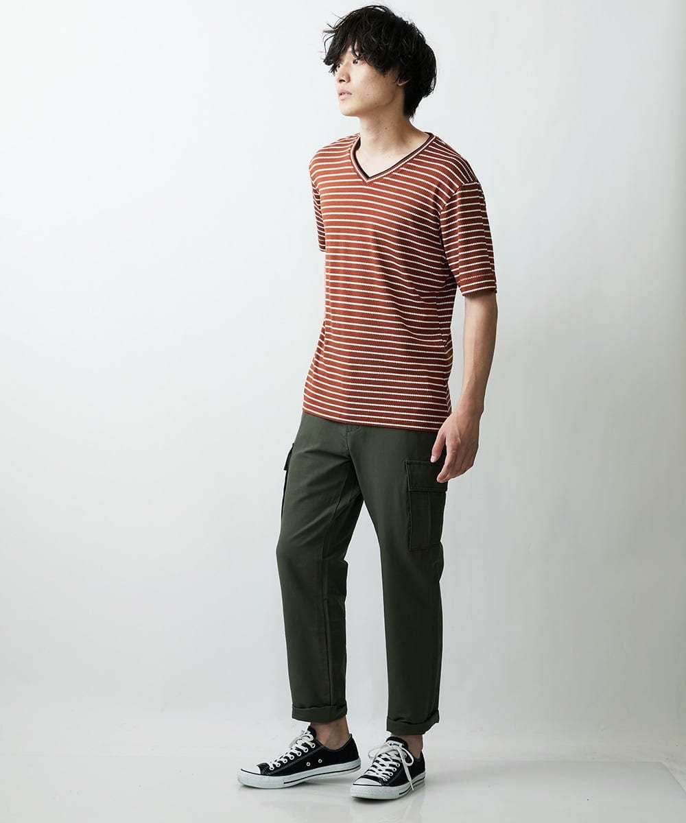 MKKGR15059 MK MICHEL KLEIN HOMME(MKミッシェルクランオム) ＶネックボーダーＴシャツ ベージュ