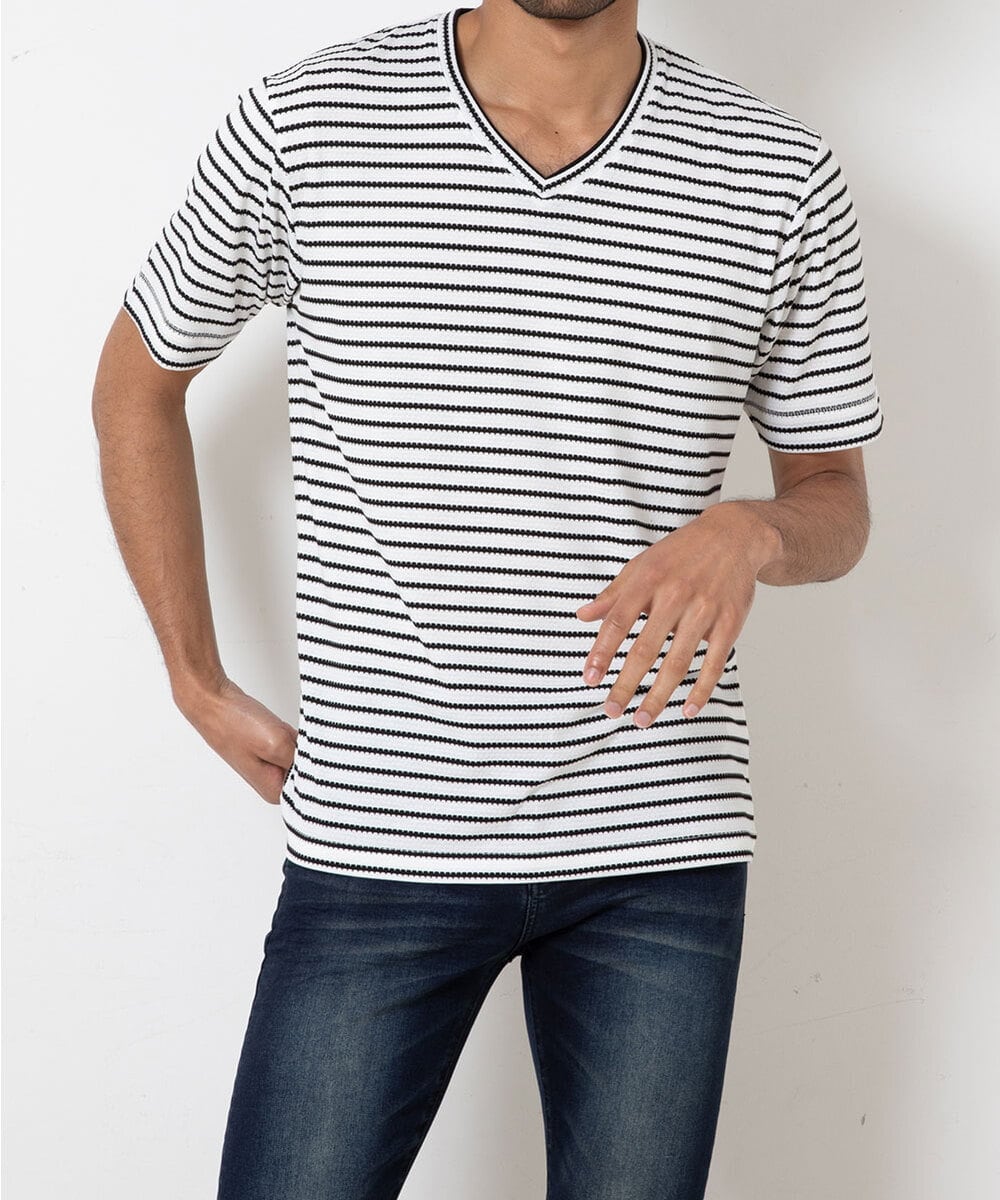 MKKGR15059 MK MICHEL KLEIN HOMME(MKミッシェルクランオム) ＶネックボーダーＴシャツ ホワイト