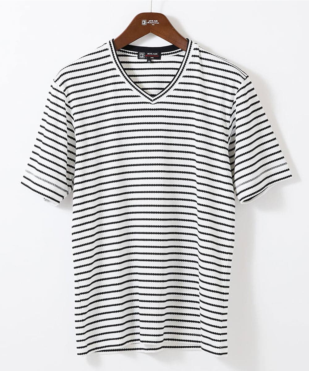 MKKGR15059 MK MICHEL KLEIN HOMME(MKミッシェルクランオム) ＶネックボーダーＴシャツ ホワイト