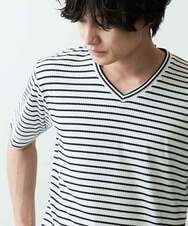 MKKGR15059 MK MICHEL KLEIN HOMME(MKミッシェルクランオム) ＶネックボーダーＴシャツ ホワイト