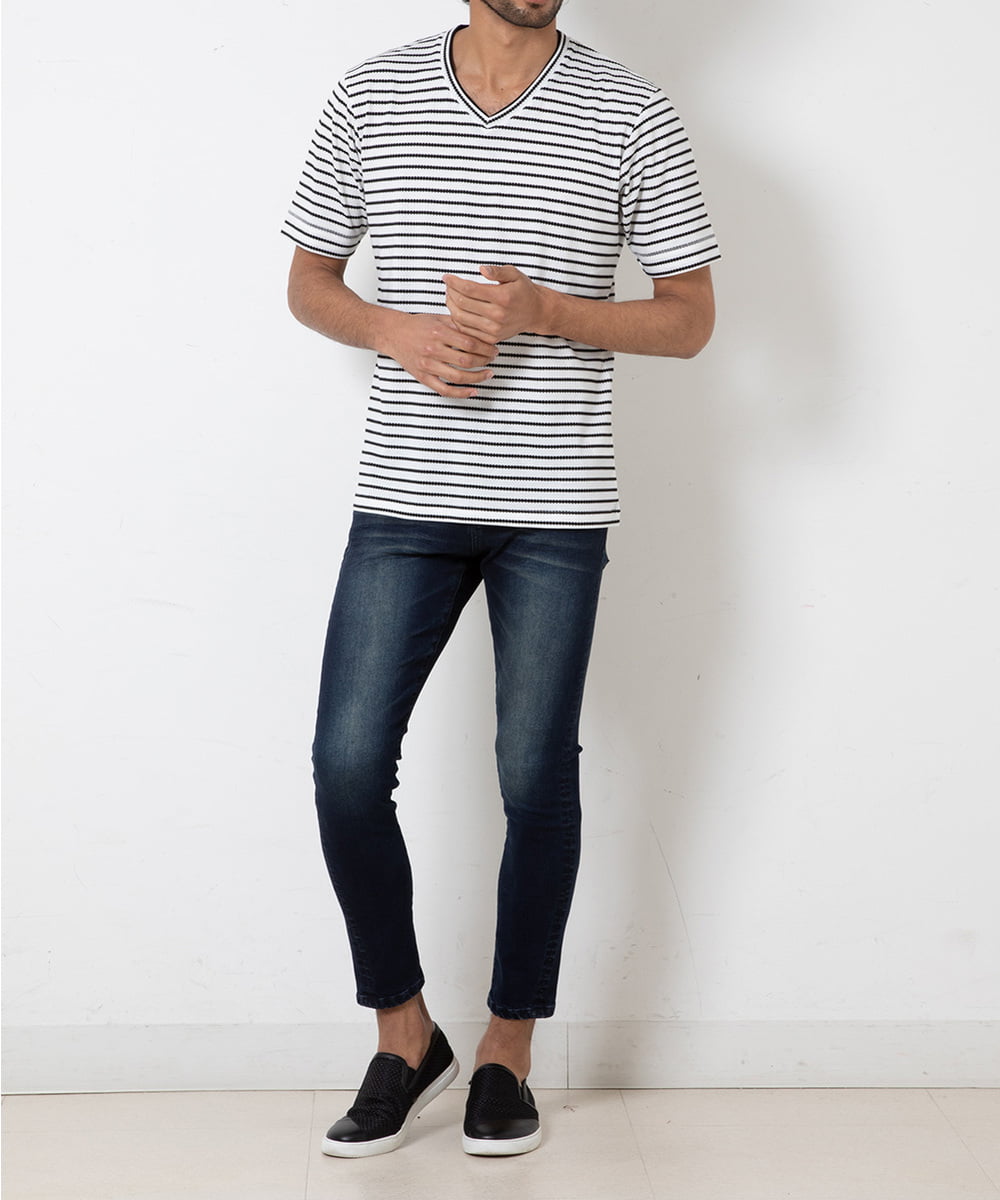 MKKGR15059 MK MICHEL KLEIN HOMME(MKミッシェルクランオム) ＶネックボーダーＴシャツ ホワイト