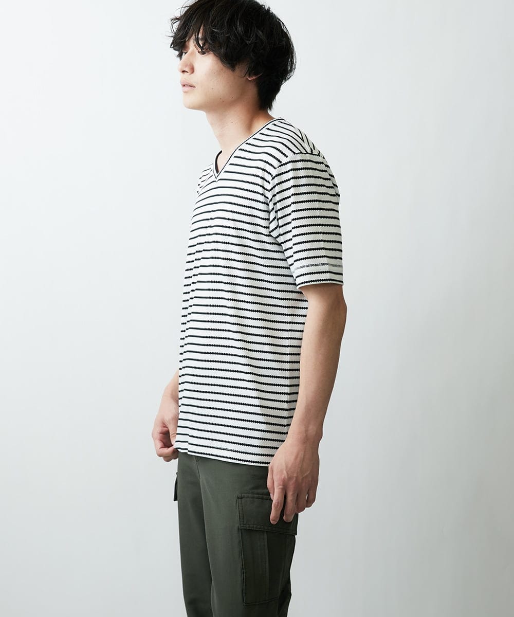 MKKGR15059 MK MICHEL KLEIN HOMME(MKミッシェルクランオム) ＶネックボーダーＴシャツ ホワイト