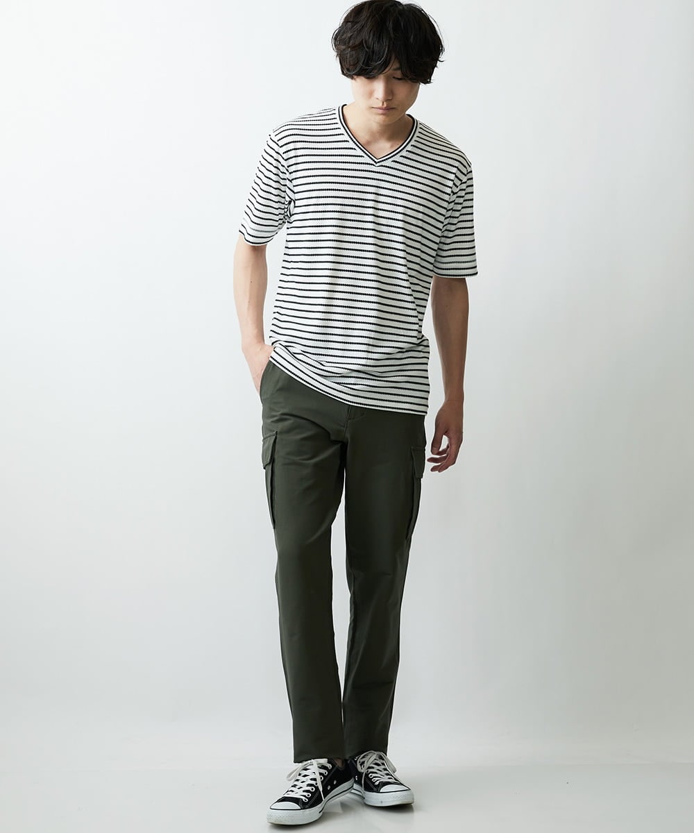 MKKGR15059 MK MICHEL KLEIN HOMME(MKミッシェルクランオム) ＶネックボーダーＴシャツ ホワイト