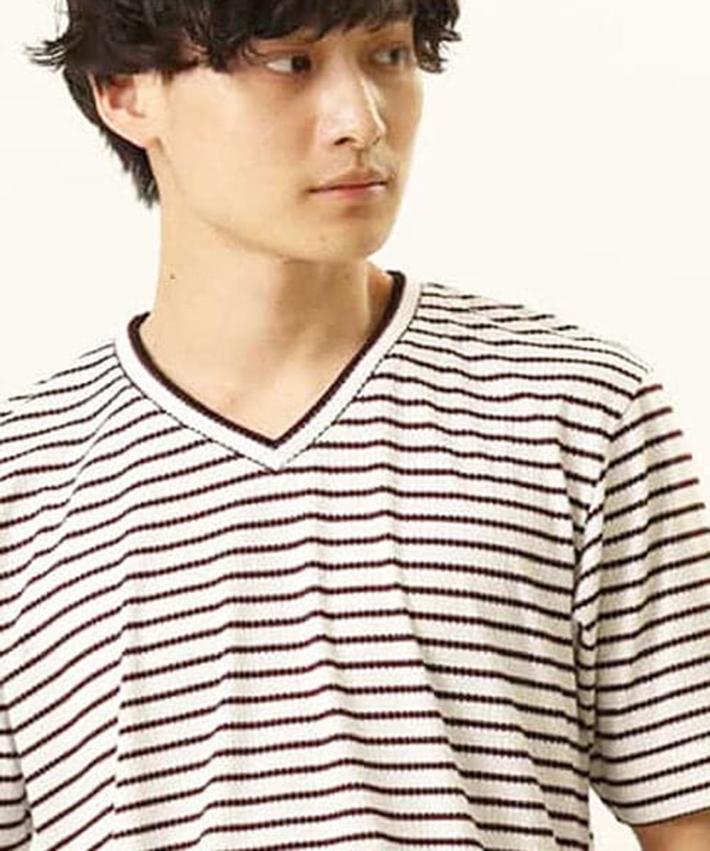 MKKGR15059 MK MICHEL KLEIN HOMME(MKミッシェルクランオム) ＶネックボーダーＴシャツ ボルドー