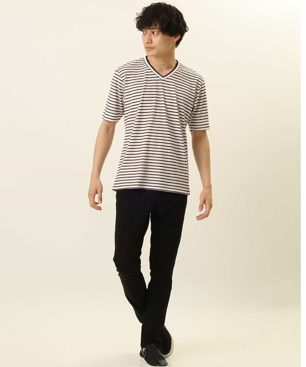MKKGR15059 MK MICHEL KLEIN HOMME(MKミッシェルクランオム) ＶネックボーダーＴシャツ ボルドー