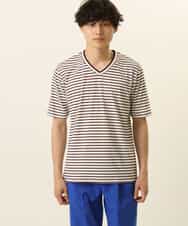 MKKGR15059 MK MICHEL KLEIN HOMME(MKミッシェルクランオム) ＶネックボーダーＴシャツ ボルドー