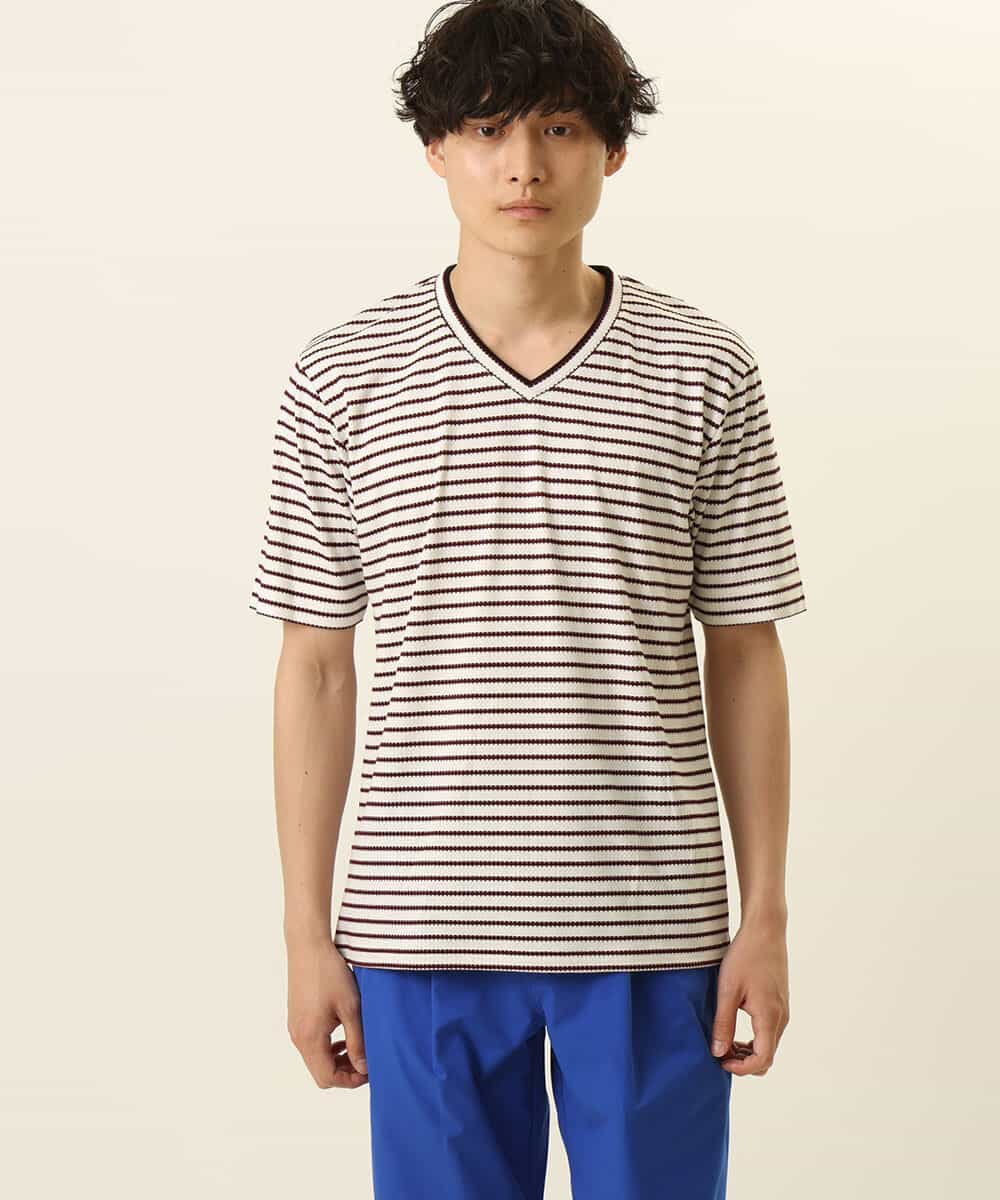 MKKGR15059 MK MICHEL KLEIN HOMME(MKミッシェルクランオム) ＶネックボーダーＴシャツ ボルドー