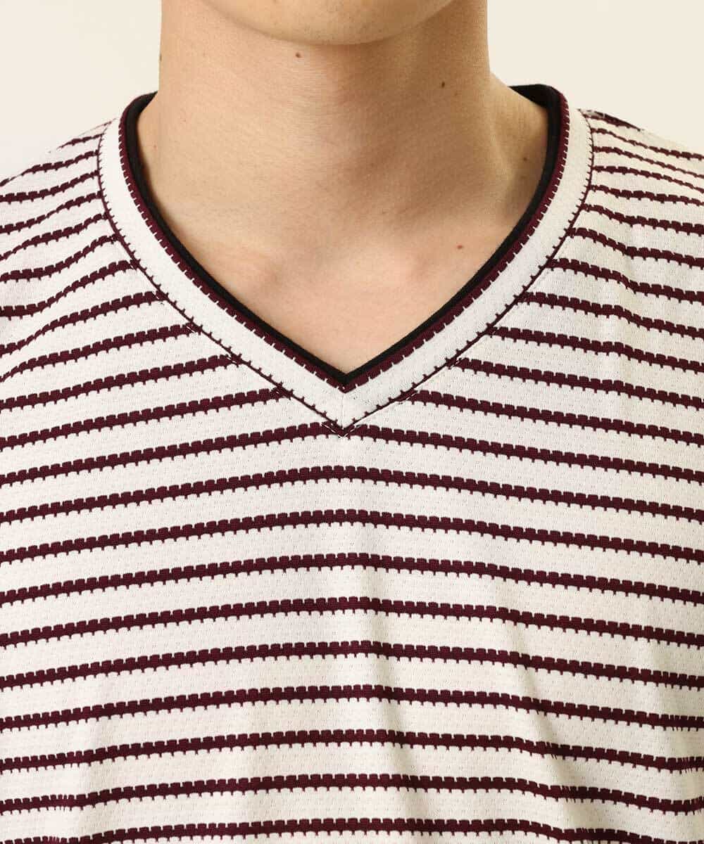 MKKGR15059 MK MICHEL KLEIN HOMME(MKミッシェルクランオム) ＶネックボーダーＴシャツ ボルドー