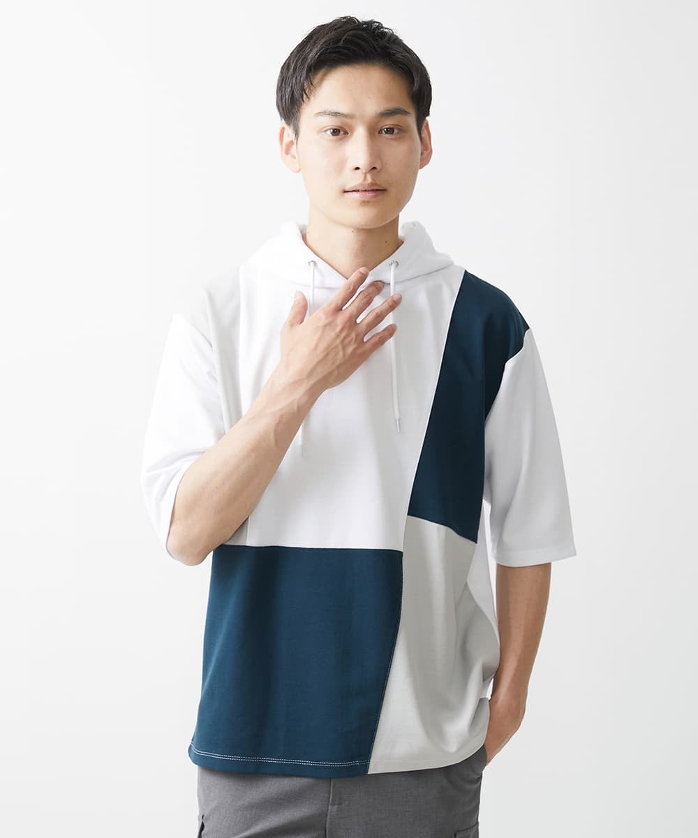 MKKGX41090 MK MICHEL KLEIN HOMME(MKミッシェルクランオム) COOLブロックフーディ / リサイクルポリエステル ホワイト