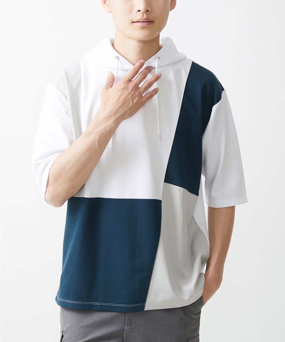 MKKGX41090 MK MICHEL KLEIN HOMME(MKミッシェルクランオム) COOLブロックフーディ / リサイクルポリエステル ホワイト