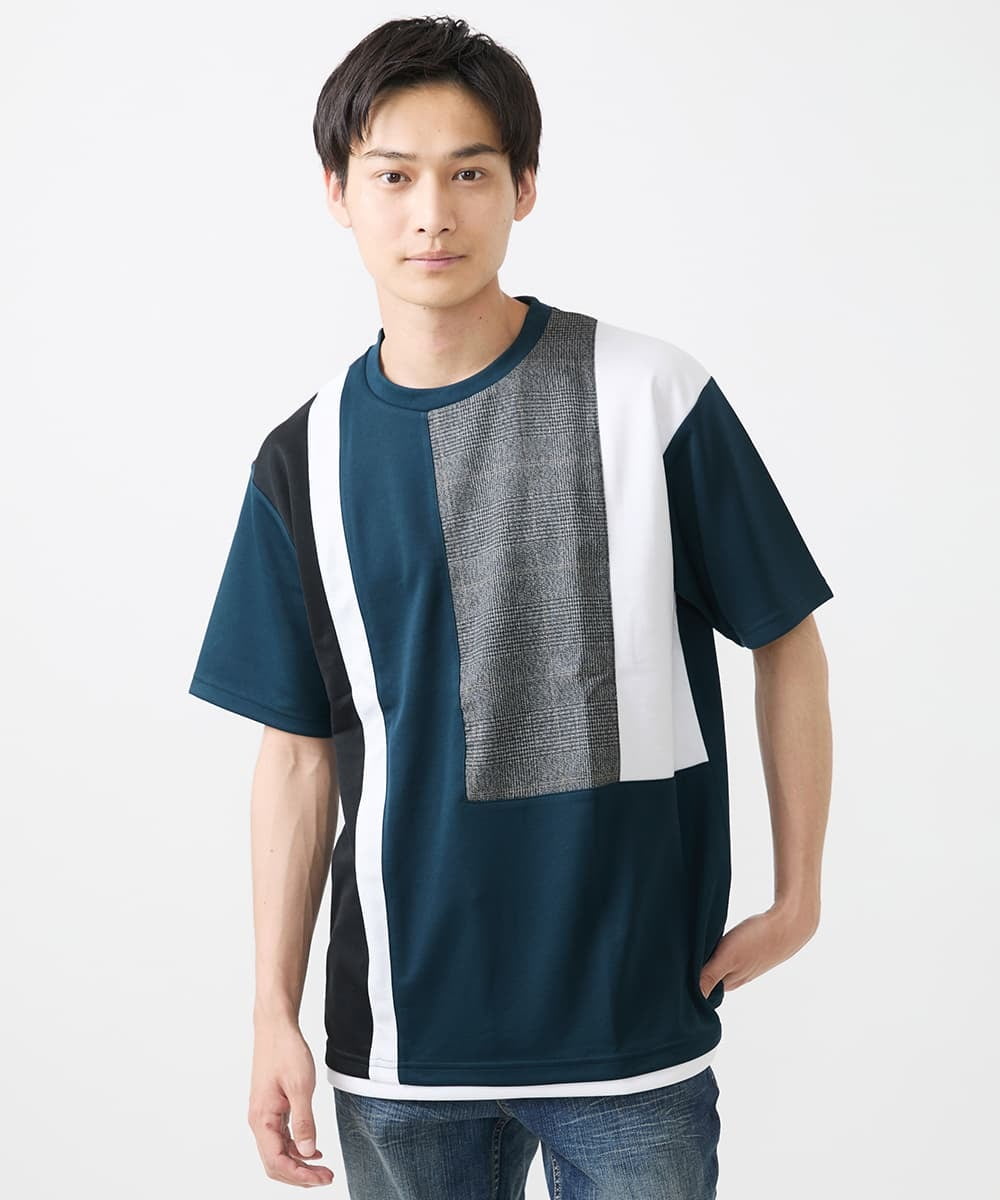 MKKGX46059 MK MICHEL KLEIN HOMME(MKミッシェルクランオム) 【涼感素材】Tシャツ/クールタッチグレンチェックキリカエブロック グリーン