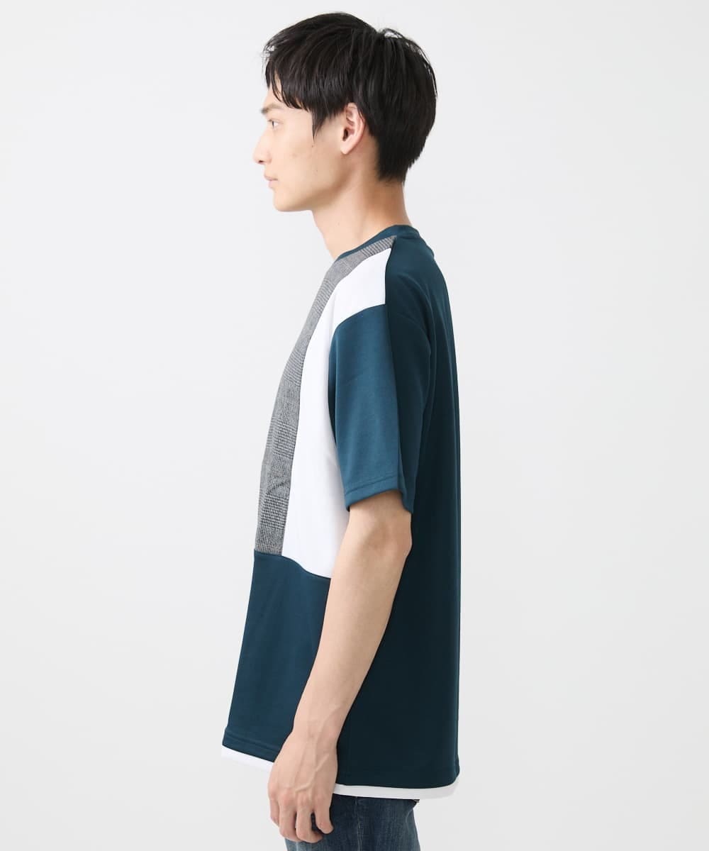 MKKGX46059 MK MICHEL KLEIN HOMME(MKミッシェルクランオム) 【涼感素材】Tシャツ/クールタッチグレンチェックキリカエブロック グリーン