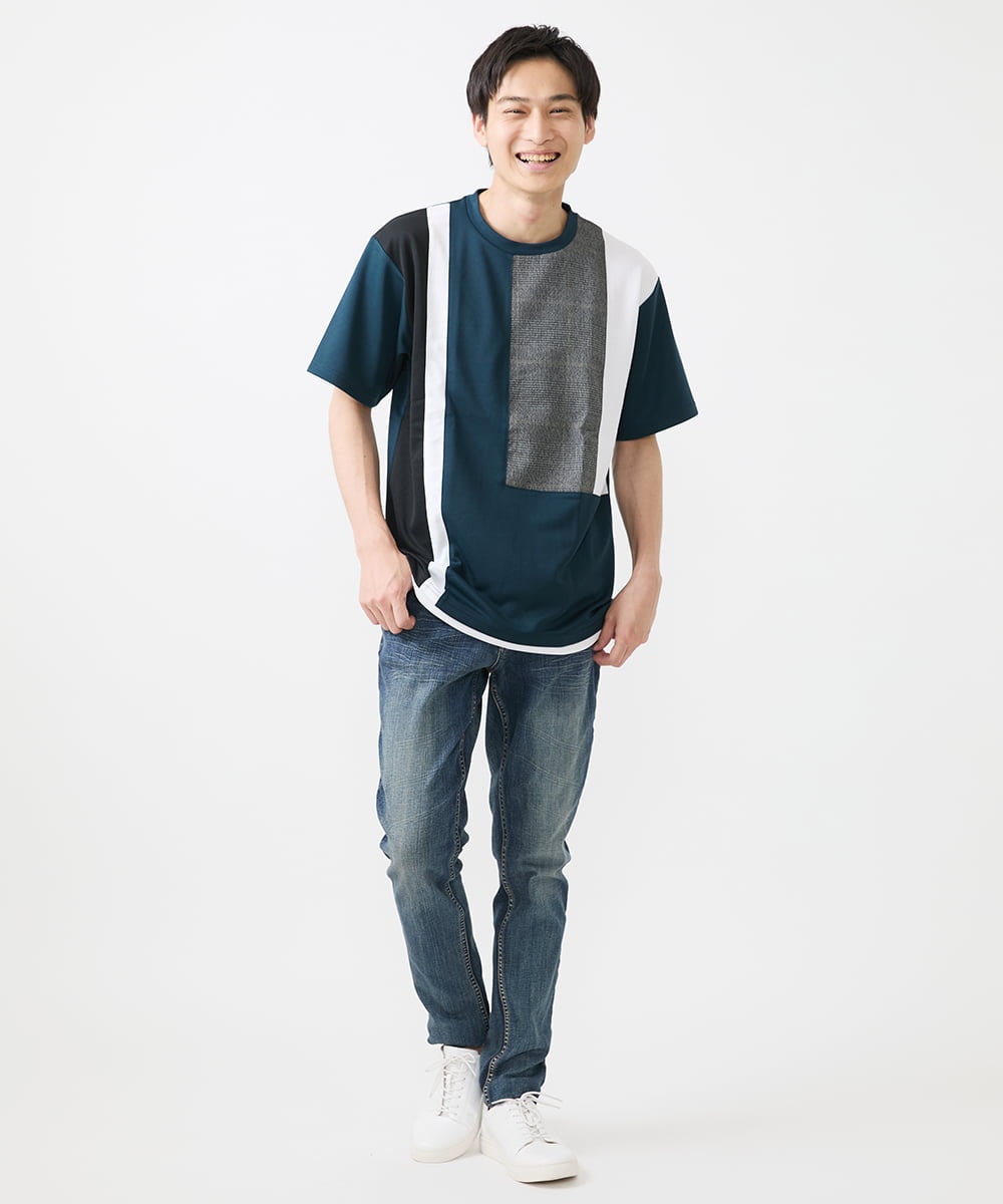 MKKGX46059 MK MICHEL KLEIN HOMME(MKミッシェルクランオム) 【涼感素材】Tシャツ/クールタッチグレンチェックキリカエブロック グリーン