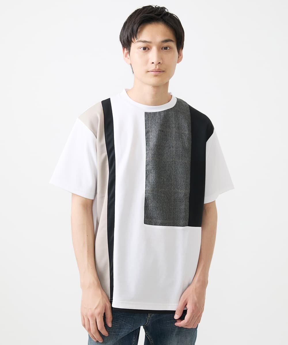 MKKGX46059 MK MICHEL KLEIN HOMME(MKミッシェルクランオム) 【涼感素材】Tシャツ/クールタッチグレンチェックキリカエブロック ホワイト