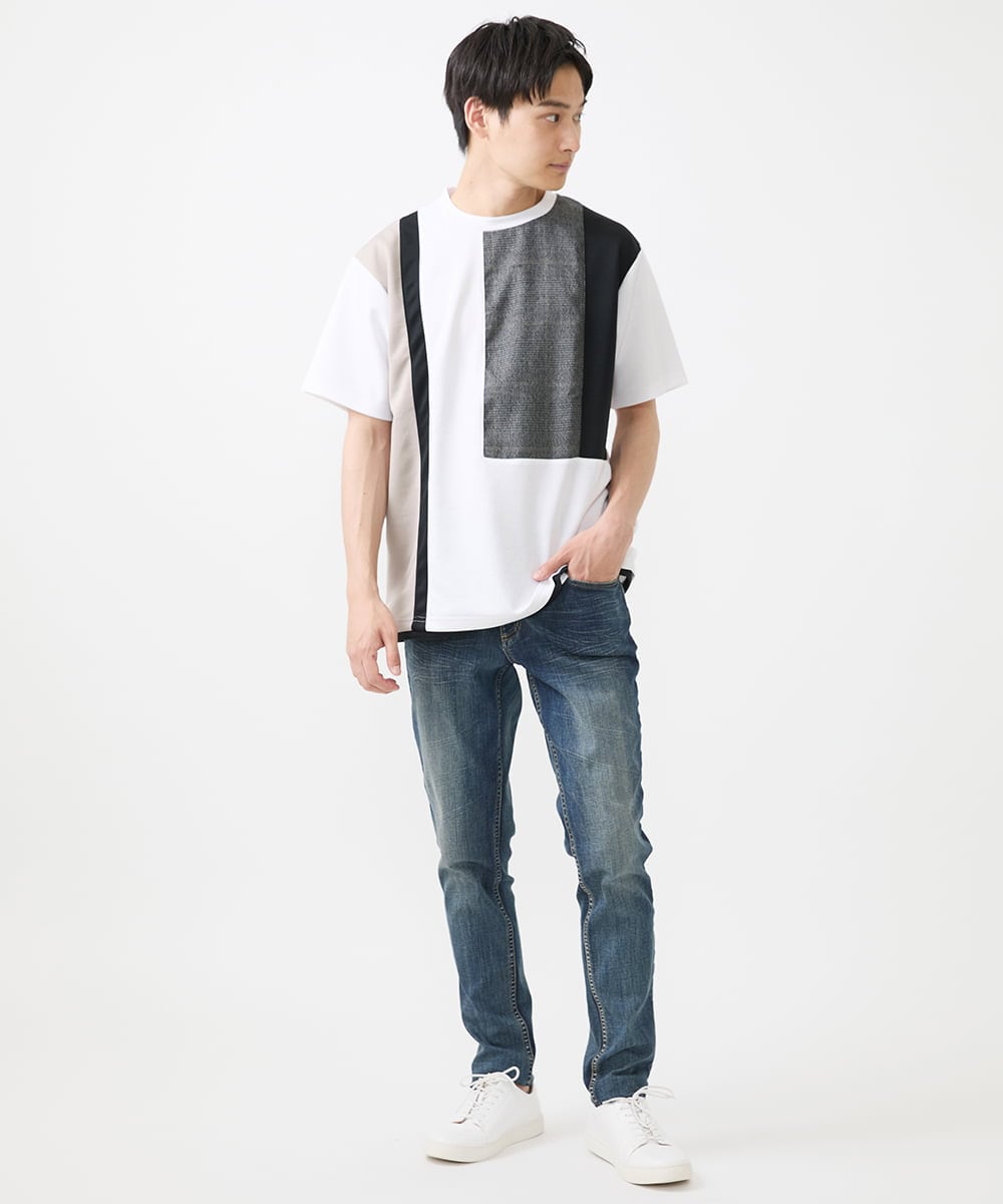 MKKGX46059 MK MICHEL KLEIN HOMME(MKミッシェルクランオム) 【涼感素材】Tシャツ/クールタッチグレンチェックキリカエブロック ホワイト