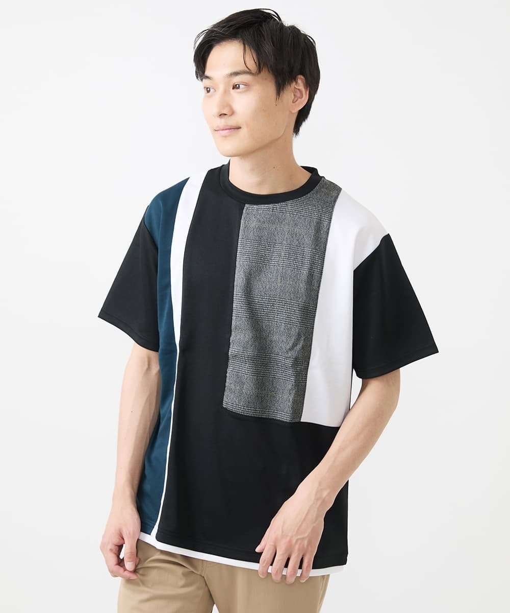 MKKGX46059 MK MICHEL KLEIN HOMME(MKミッシェルクランオム) 【涼感素材】Tシャツ/クールタッチグレンチェックキリカエブロック ブラック