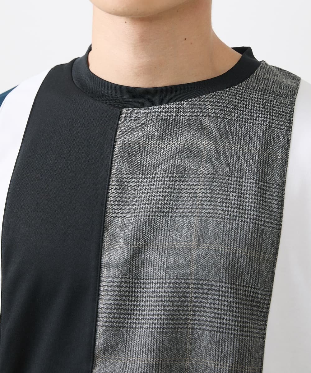 MKKGX46059 MK MICHEL KLEIN HOMME(MKミッシェルクランオム) 【涼感素材】Tシャツ/クールタッチグレンチェックキリカエブロック ブラック