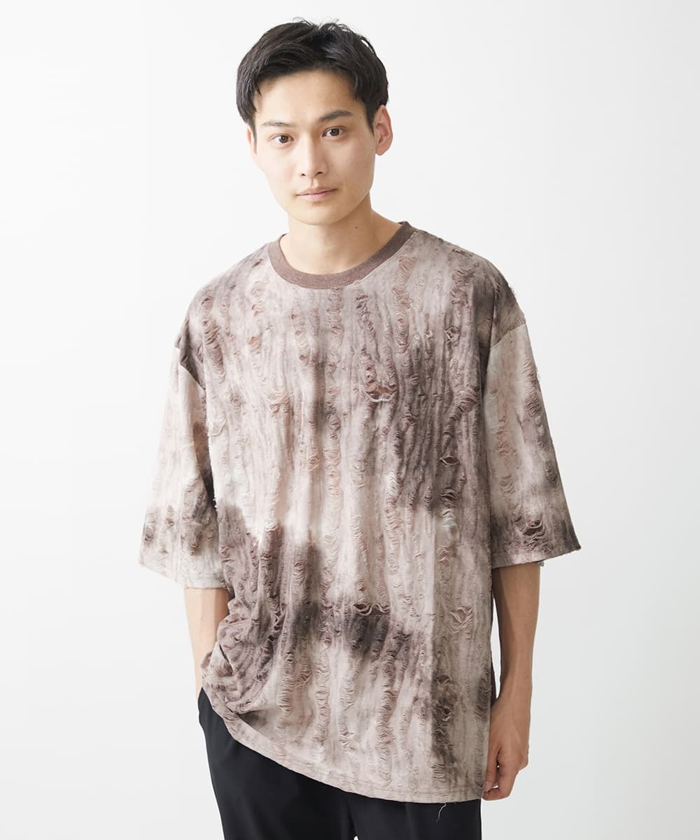 MKKGX79089 MK MICHEL KLEIN HOMME(MKミッシェルクランオム) ヴィンテージダメージカットソー / タイダイ染め加工 ベージュ