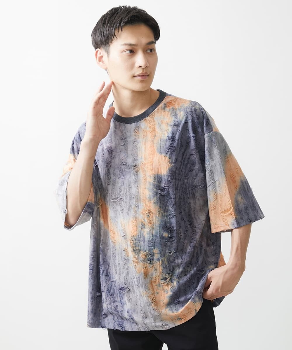 MKKGX79089 MK MICHEL KLEIN HOMME(MKミッシェルクランオム) ヴィンテージダメージカットソー / タイダイ染め加工 ベージュ