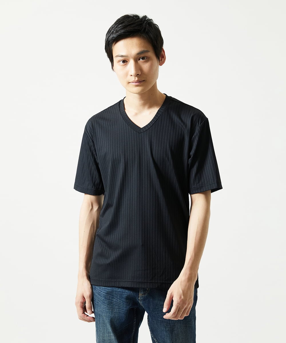MKKHA60050 MK MICHEL KLEIN HOMME(MKミッシェルクランオム) 【洗える】ハリヌキテレコＶネック半袖 ブラック