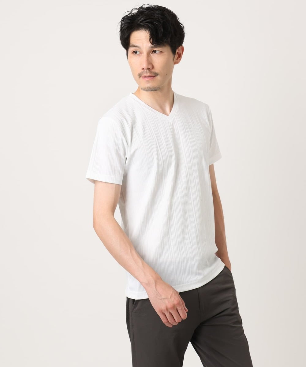 MKKHA72079 MK MICHEL KLEIN HOMME(MKミッシェルクランオム) 【洗える】3ＤストライプテレコＶネックＴシャツ ホワイト