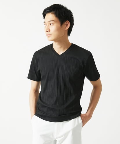 MK MICHEL KLEIN HOMME(MK ミッシェルクランオム) ３ＤストライプテレコＶネックＴシャツ ブラック/黒 46