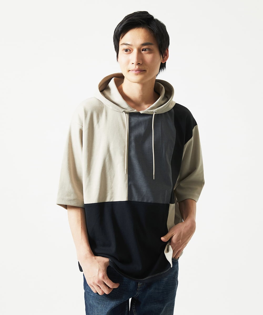 MKKHC81080 MK MICHEL KLEIN HOMME(MKミッシェルクランオム)  【接触冷感】COOLタッチブロックプルオーバーパーカー アイボリー