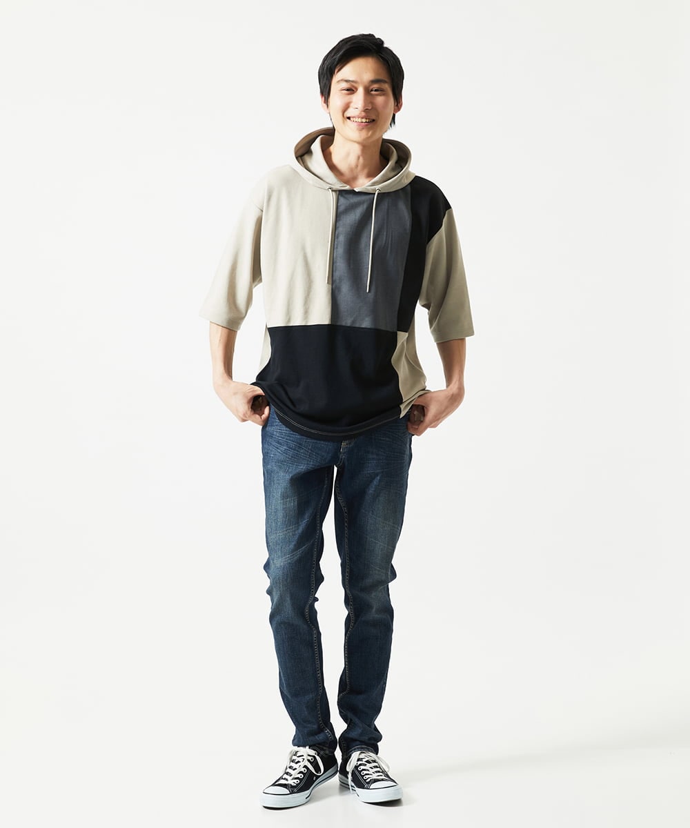 MKKHC81080 MK MICHEL KLEIN HOMME(MKミッシェルクランオム)  【接触冷感】COOLタッチブロックプルオーバーパーカー アイボリー