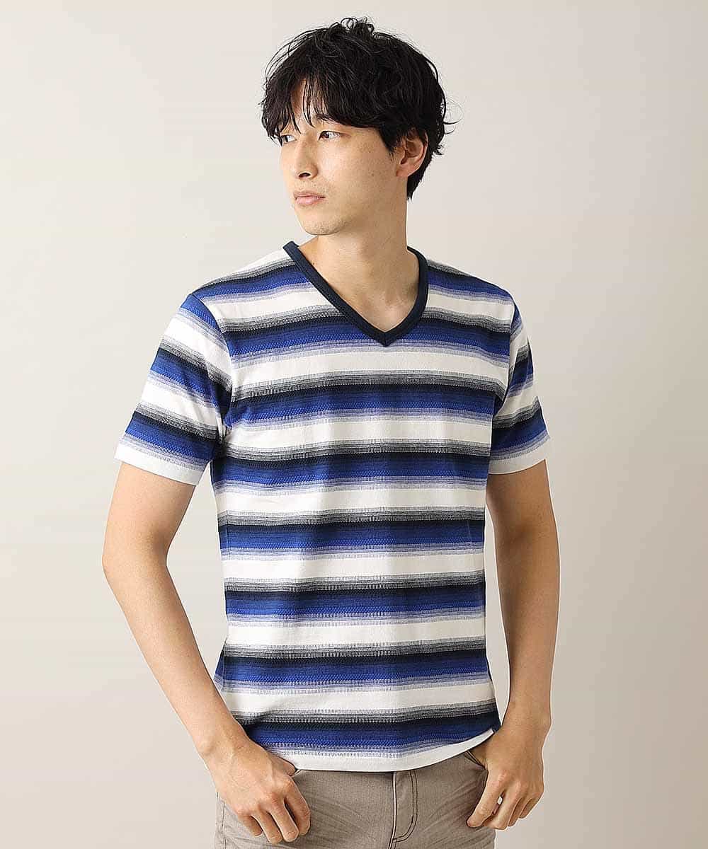 MKKHJ62065 MK MICHEL KLEIN HOMME(MKミッシェルクランオム) カットソー／ポイントグラデボーダー ブルー