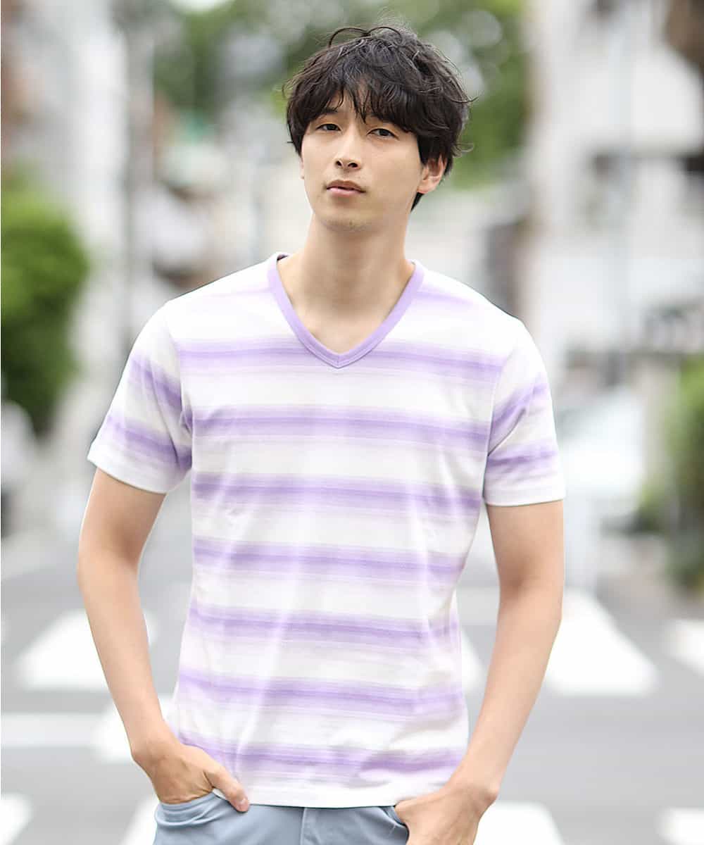 MKKHJ62065 MK MICHEL KLEIN HOMME(MKミッシェルクランオム) カットソー／ポイントグラデボーダー ラベンダー