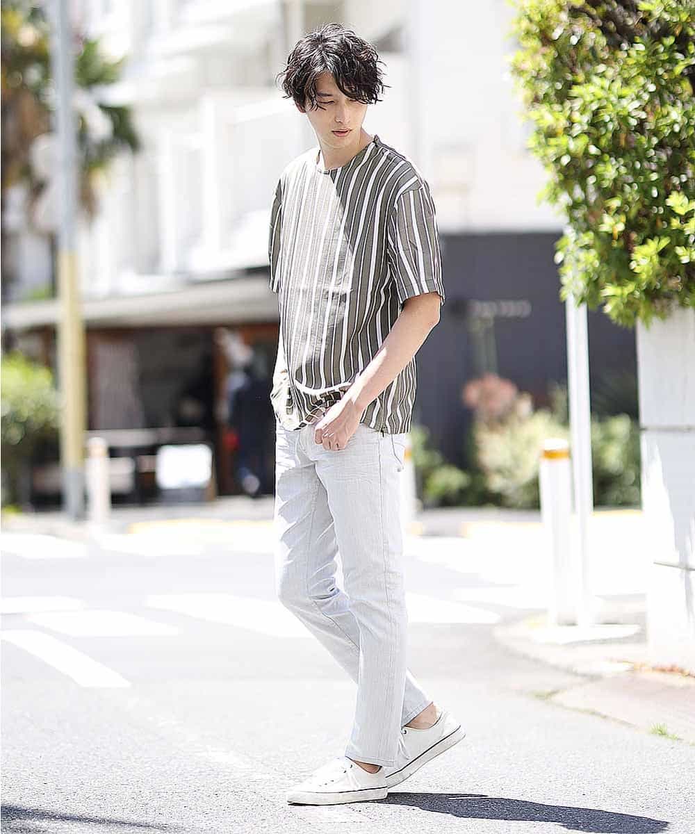 MKKHK57059 MK MICHEL KLEIN HOMME(MKミッシェルクランオム) ストライププルオーバーTシャツ カーキ