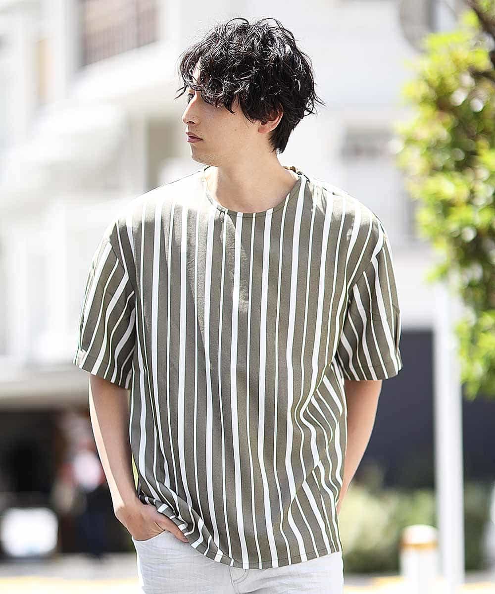 MKKHK57059 MK MICHEL KLEIN HOMME(MKミッシェルクランオム) ストライププルオーバーTシャツ カーキ