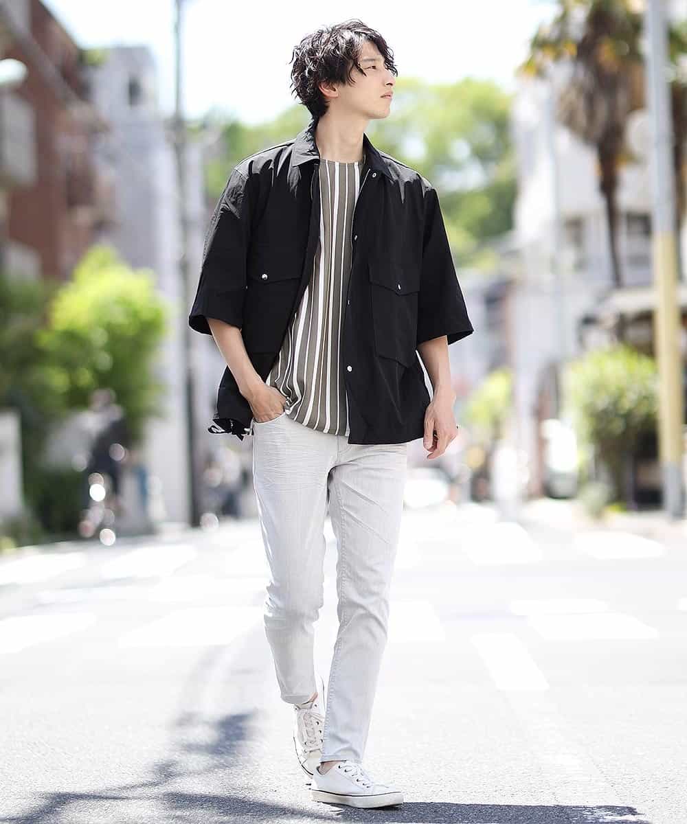 MKKHK57059 MK MICHEL KLEIN HOMME(MKミッシェルクランオム) ストライププルオーバーTシャツ カーキ