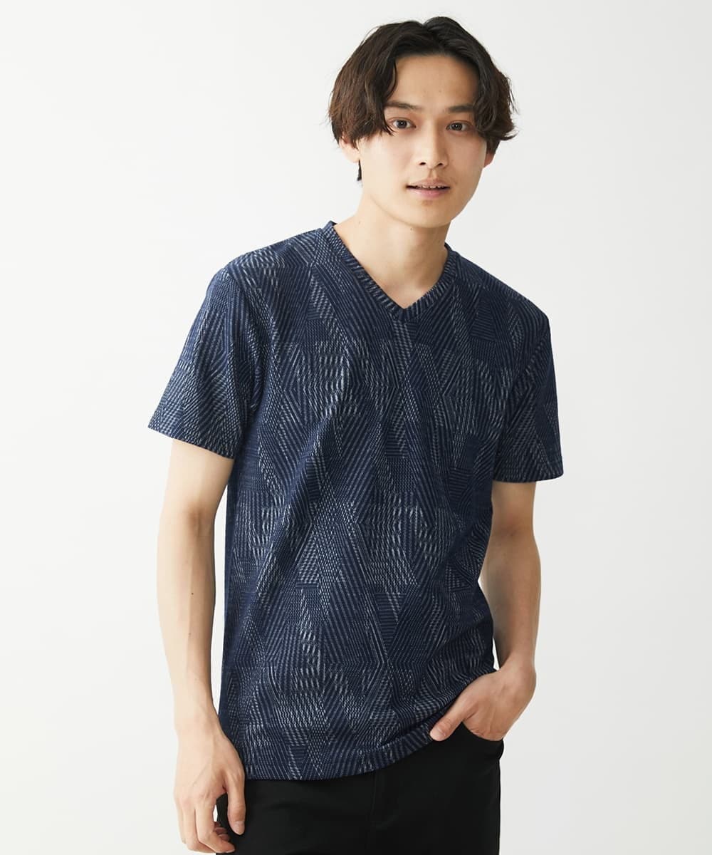 MKKHX23069 MK MICHEL KLEIN HOMME(MKミッシェルクランオム) 【大きいサイズあり】カットソー/ジオメトリックジャガード ネイビー