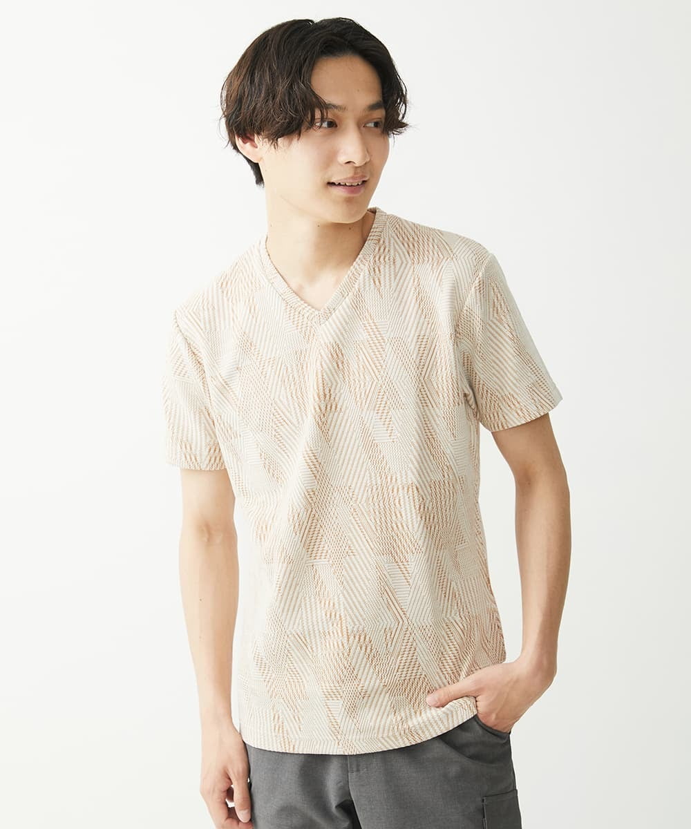 MKKHX23069 MK MICHEL KLEIN HOMME(MKミッシェルクランオム) 【大きいサイズあり】カットソー/ジオメトリックジャガード アイボリー