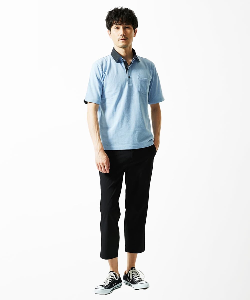 MKKIA53110 MK MICHEL KLEIN HOMME(MKミッシェルクランオム) ブラックストライプカラーポロシャツ ライトブルー