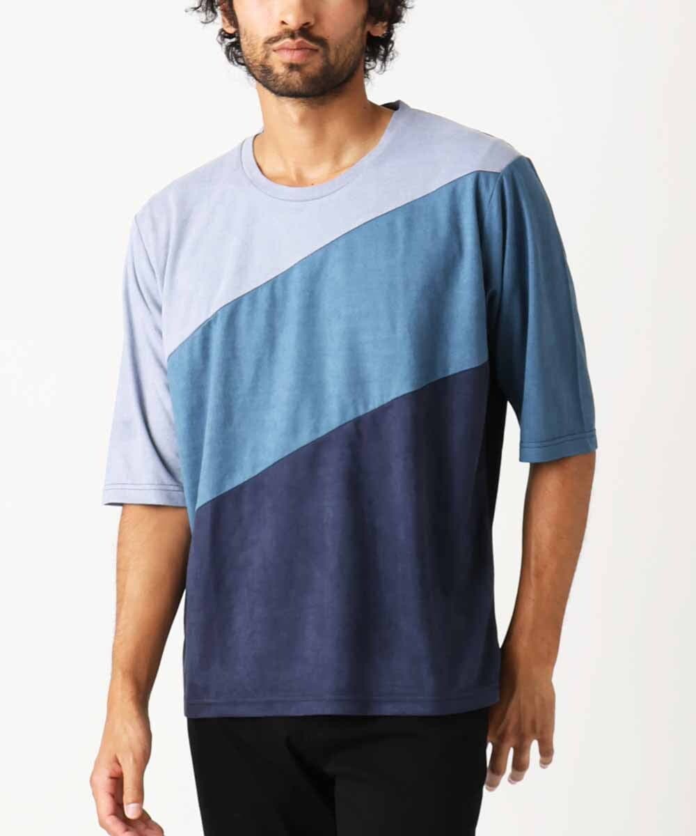 MKKIX06069 MK MICHEL KLEIN HOMME(MKミッシェルクランオム) 【洗える】五分袖カットソー/スエード切り替えシルキーポンチ ネイビー