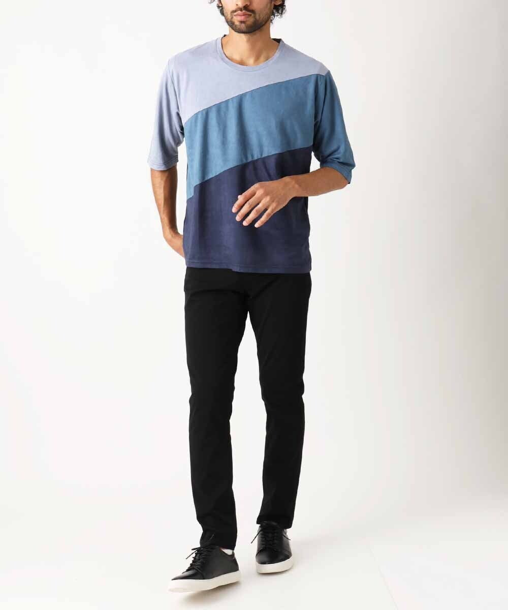 MKKIX06069 MK MICHEL KLEIN HOMME(MKミッシェルクランオム) 【洗える】五分袖カットソー/スエード切り替えシルキーポンチ ネイビー