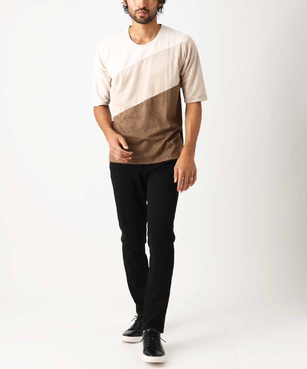 MKKIX06069 MK MICHEL KLEIN HOMME(MKミッシェルクランオム) 【洗える】五分袖カットソー/スエード切り替えシルキーポンチ ネイビー